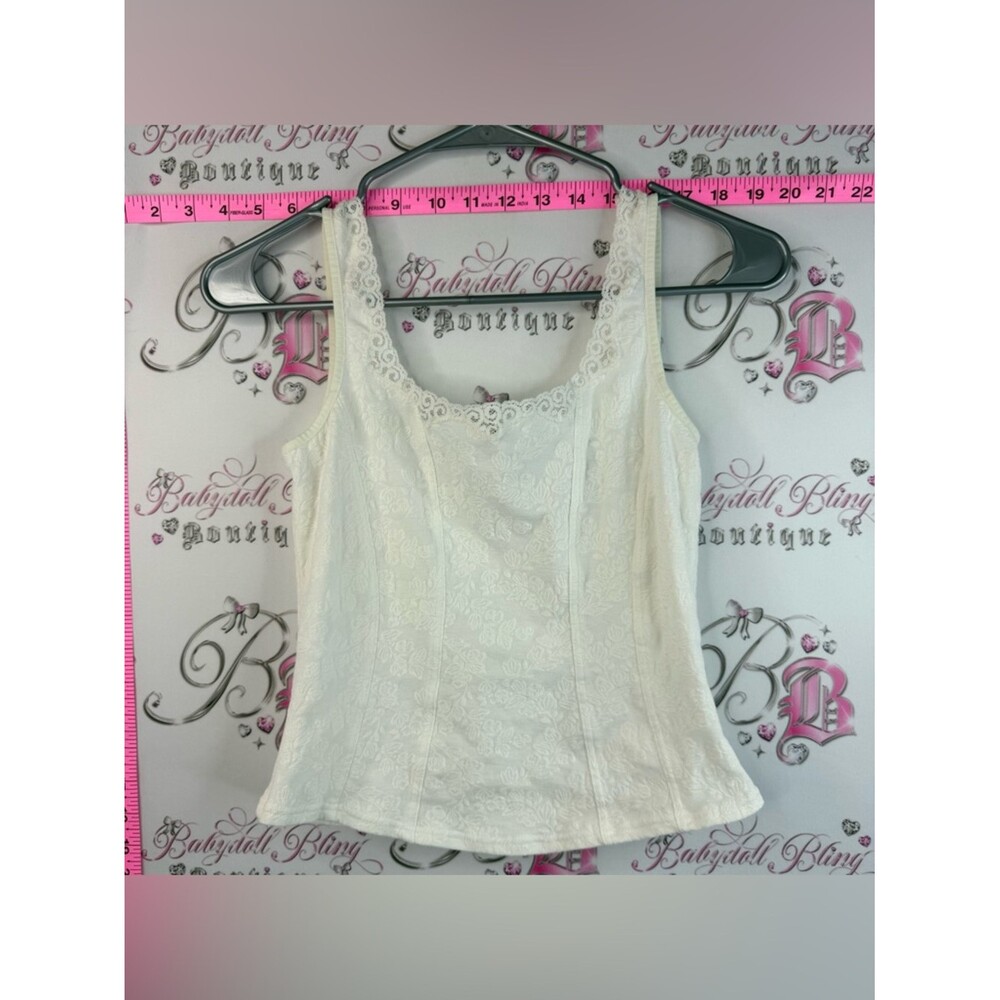 Arianne White Cream Lace-Trim Floral Jacquard Cropped Tank Top Corset Look
